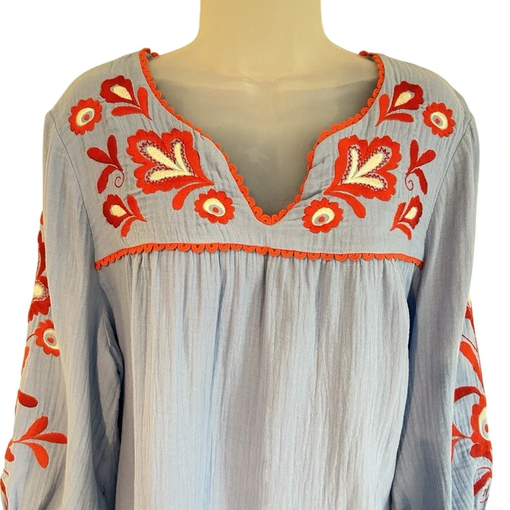 Boden Boho Embroidered Blouse Sz 12 Blue Red 3/4 Balloon Sleeve Cotton Peasant - Picture 5 of 13